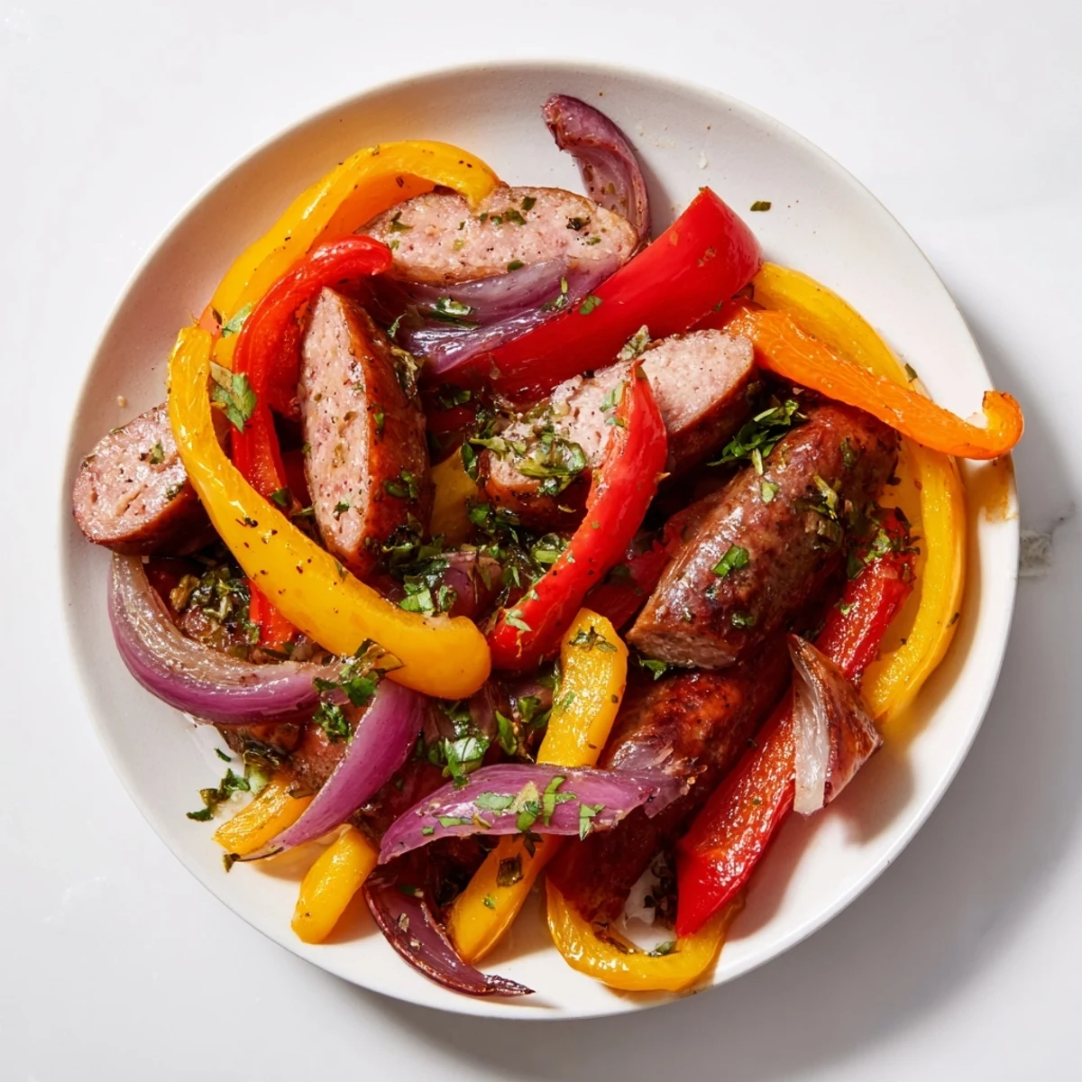 A sheet pan of Roasted Italian Sausage, Peppers, and Onions with browned sausages and colorful veggies.