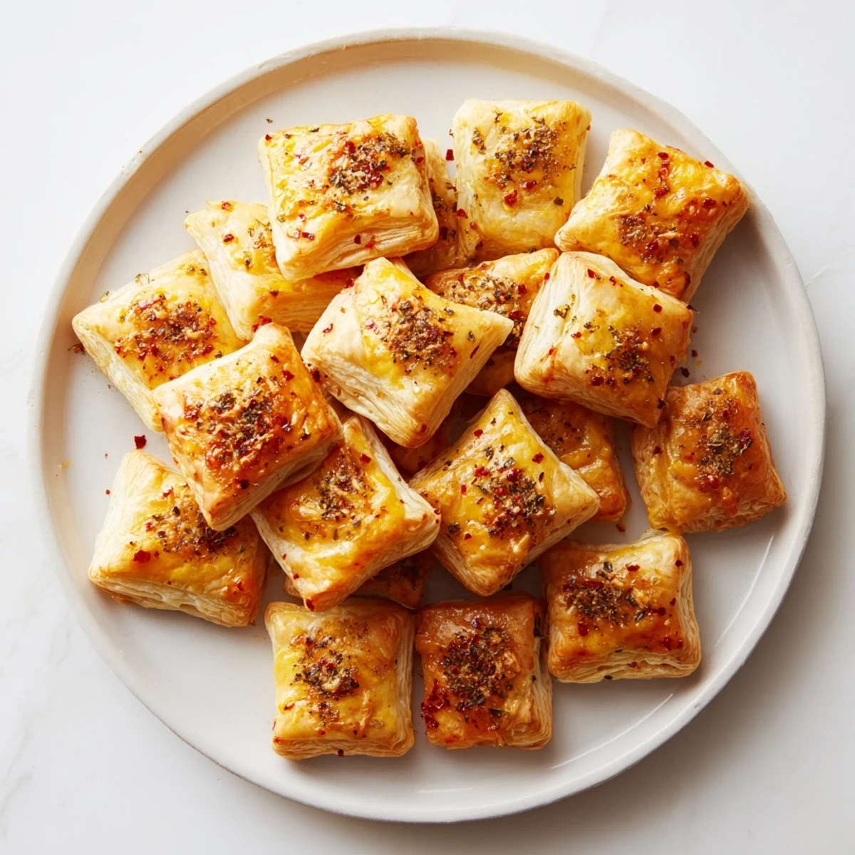 Mouthwatering close-up of Cheese and Spice Puff Pastry Bites: golden brown, savory, with bubbling cheese.