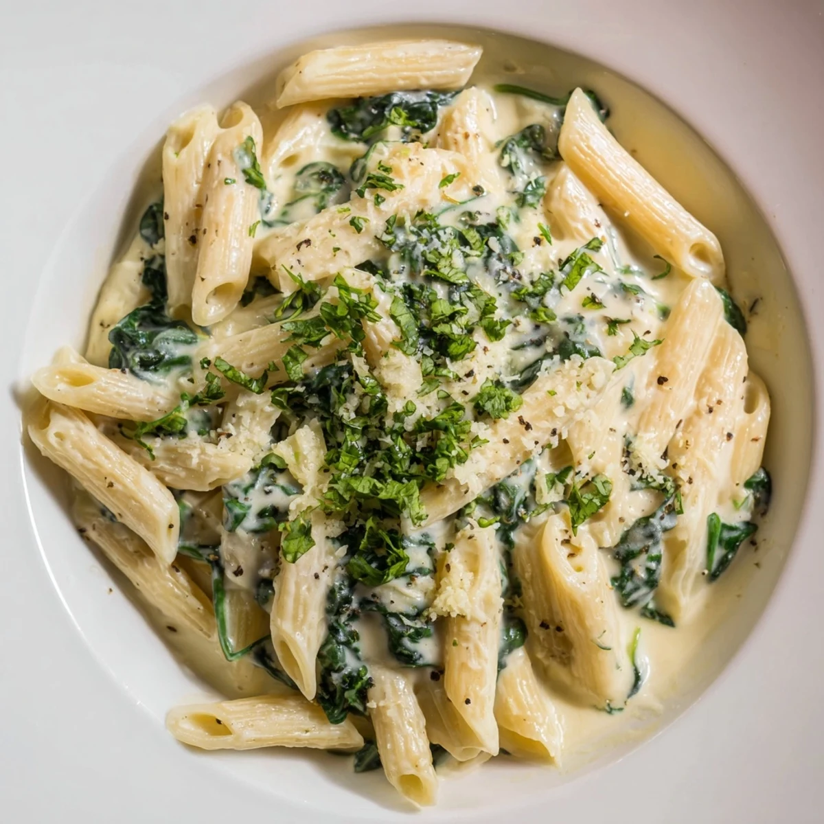 A steaming bowlful of the Magic Casserole: Creamy Spinach Pasta, fragrant and cheesy.
