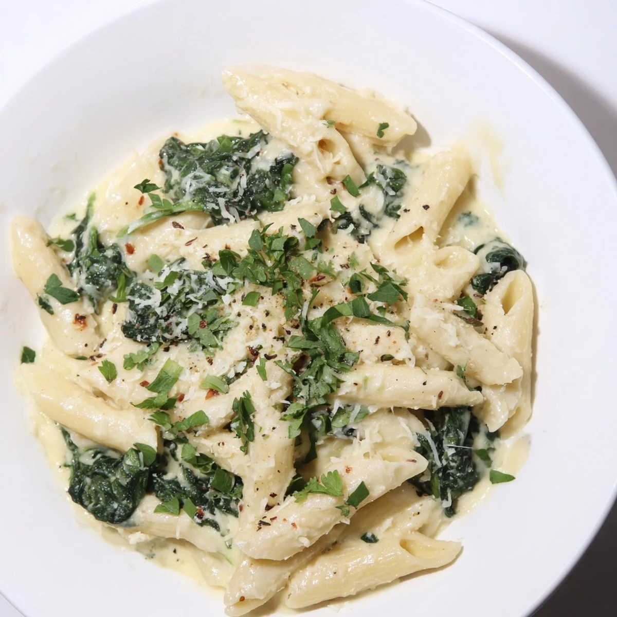The rich, creamy texture of the Magic Casserole: Creamy Spinach Pasta, ready to serve on plates.