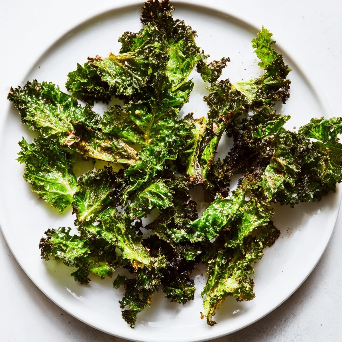 Oven-baked crispy kale chips, golden and salty, offer a perfect crunch for a healthy snack.