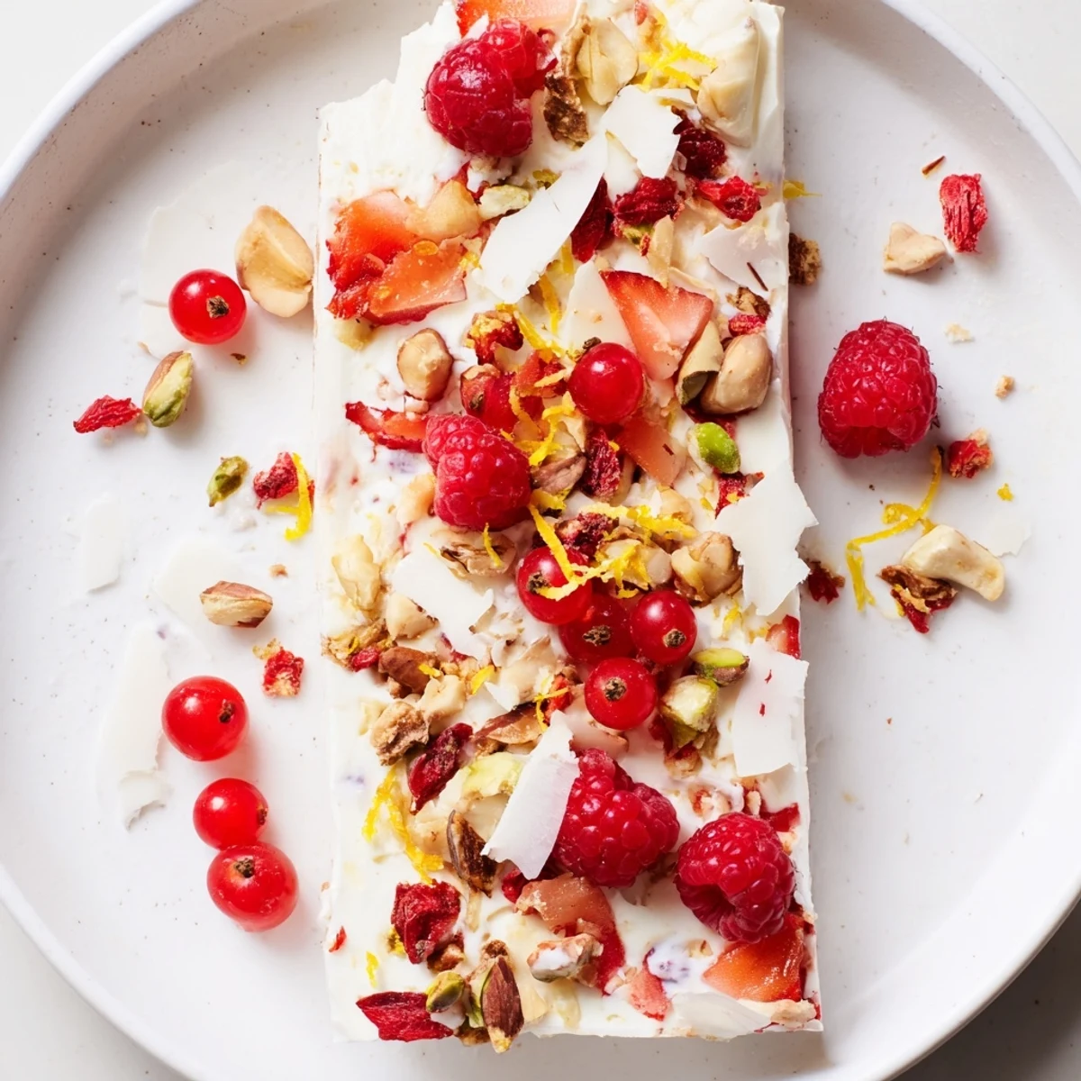 Frozen yogurt bark with juicy red berries, a refreshing and delicious summer dessert.