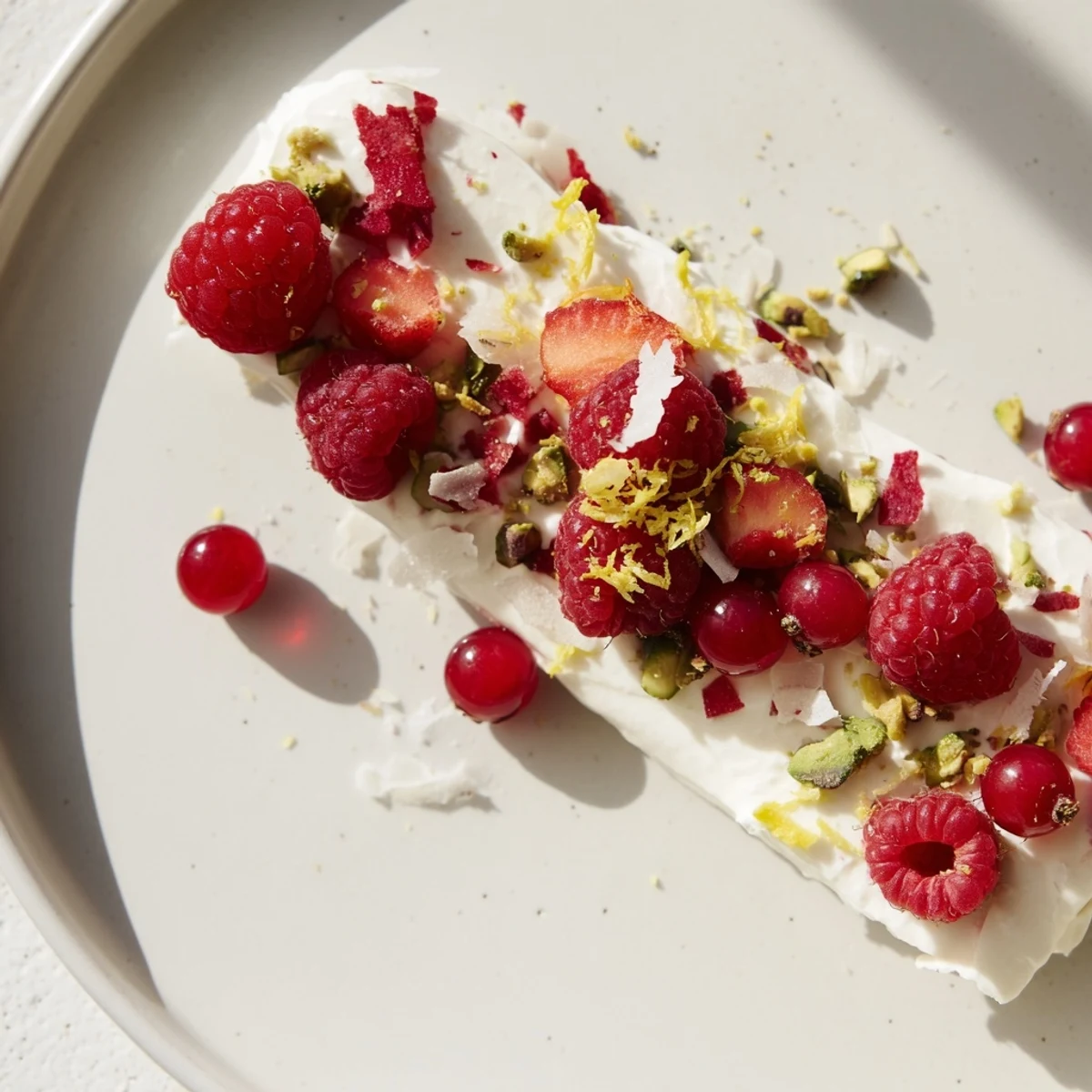 Vibrant frozen yogurt bark showcasing fresh red berries and optional crunchy pistachio pieces.