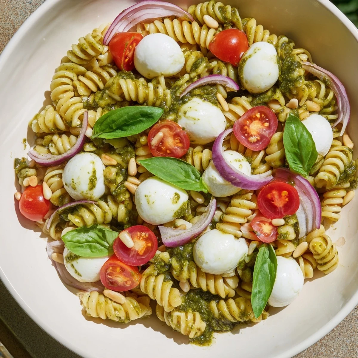 Cold pasta salad with pesto, mozzarella, and cherry tomatoes, bursting with fresh Italian flavors.