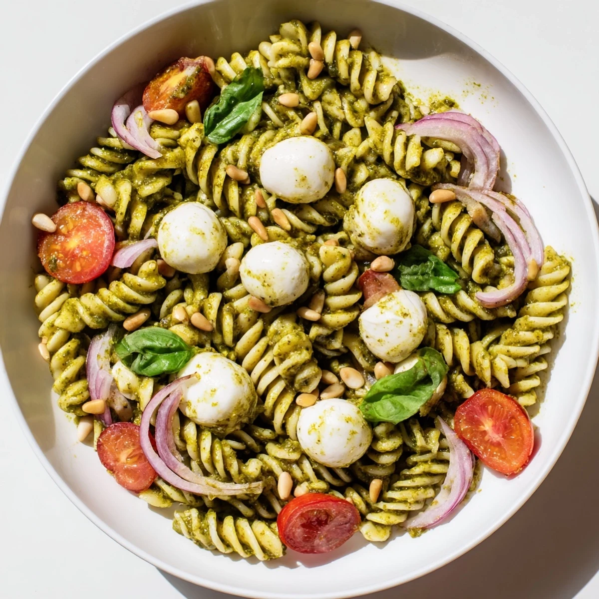 Vibrant image of cold pasta salad: pesto-coated pasta with juicy tomatoes and creamy mozzarella.