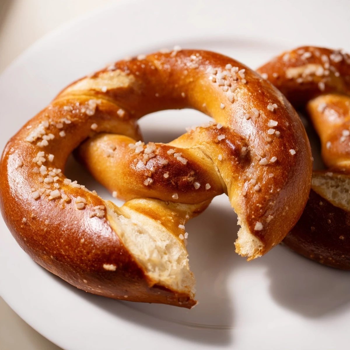 Baking sheet of freshly baked Homemade Soft Pretzels, golden brown with coarse salt glistening.