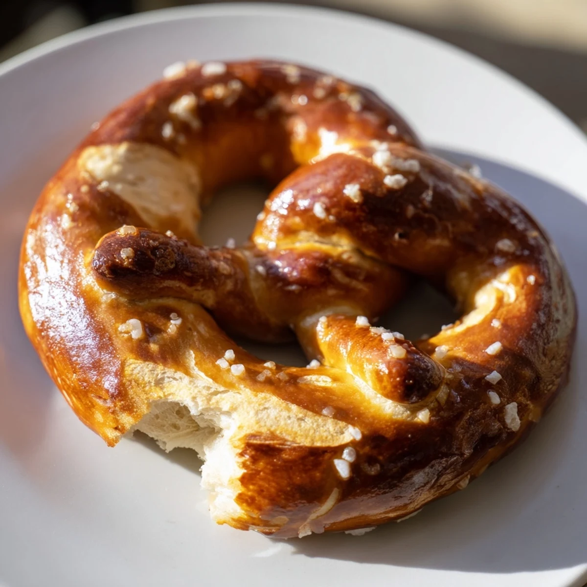 A close-up shot of perfectly twisted, salted Homemade Soft Pretzels, fresh and delicious.