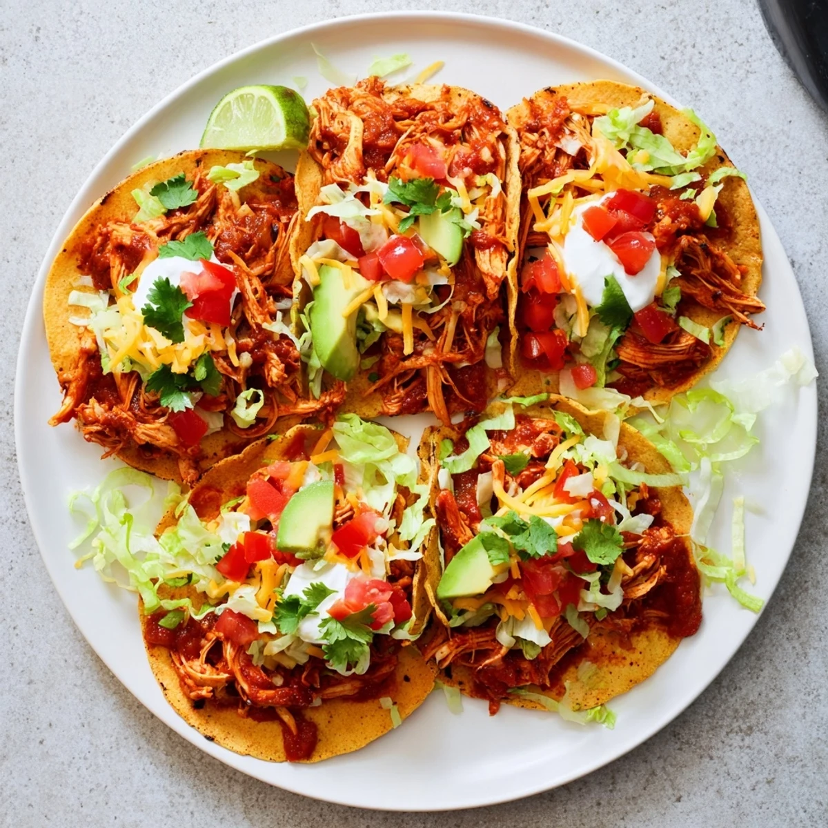 Vibrant photo of Slow Cooker Shredded Chicken Tacos topped with fresh cilantro and a dollop of sour cream.
