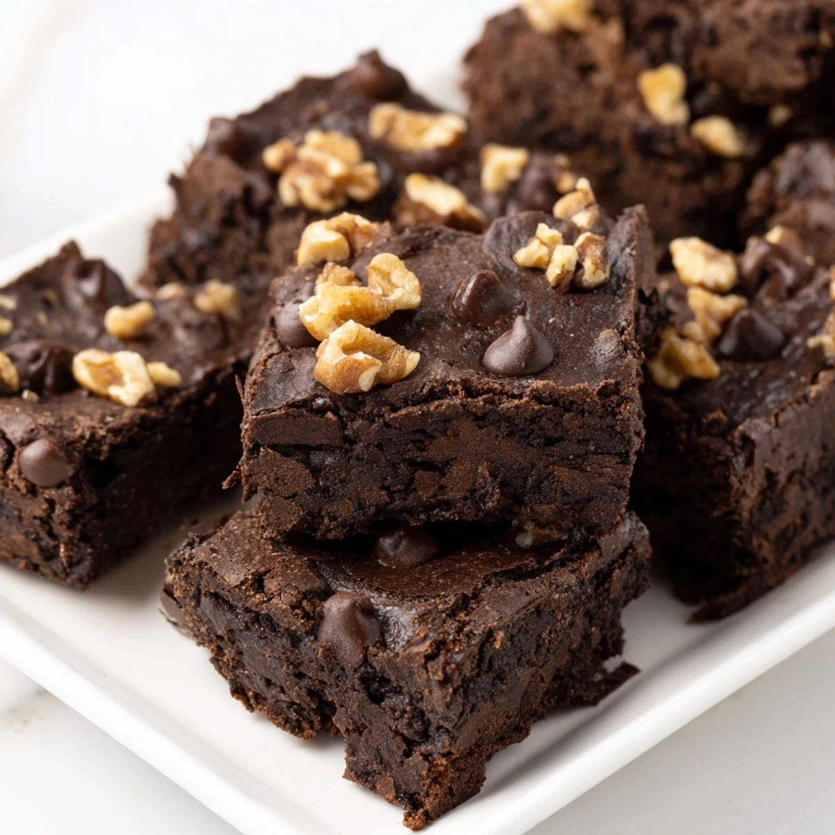Close-up view of wonderfully fudgy walnut brownies, perfectly baked in one pan and ready to serve.