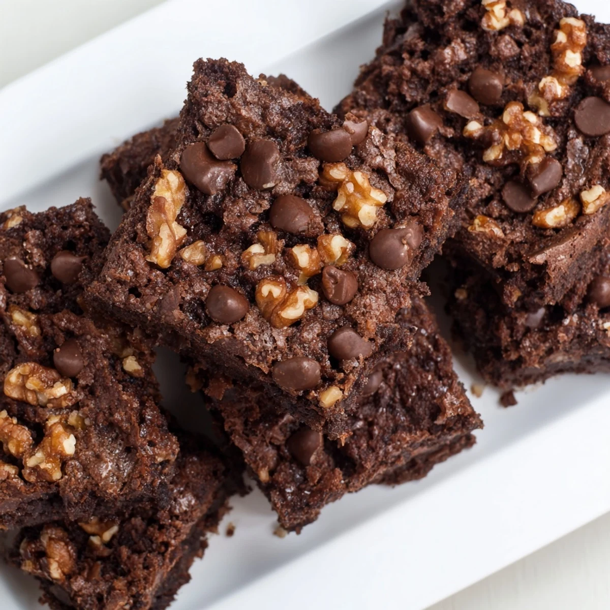 Delicious Fudgy Walnut Brownies, still in the baking pan, showing a glistening, chocolaty surface with walnuts.