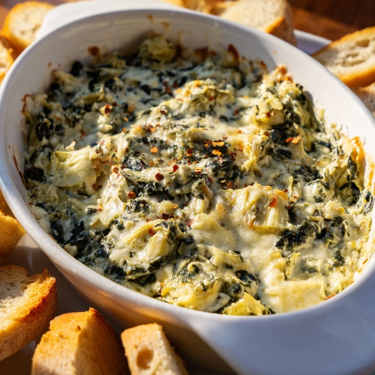 Melting cheese coats warm Spinach and Artichoke Dip, inviting you to enjoy this creamy comfort food.