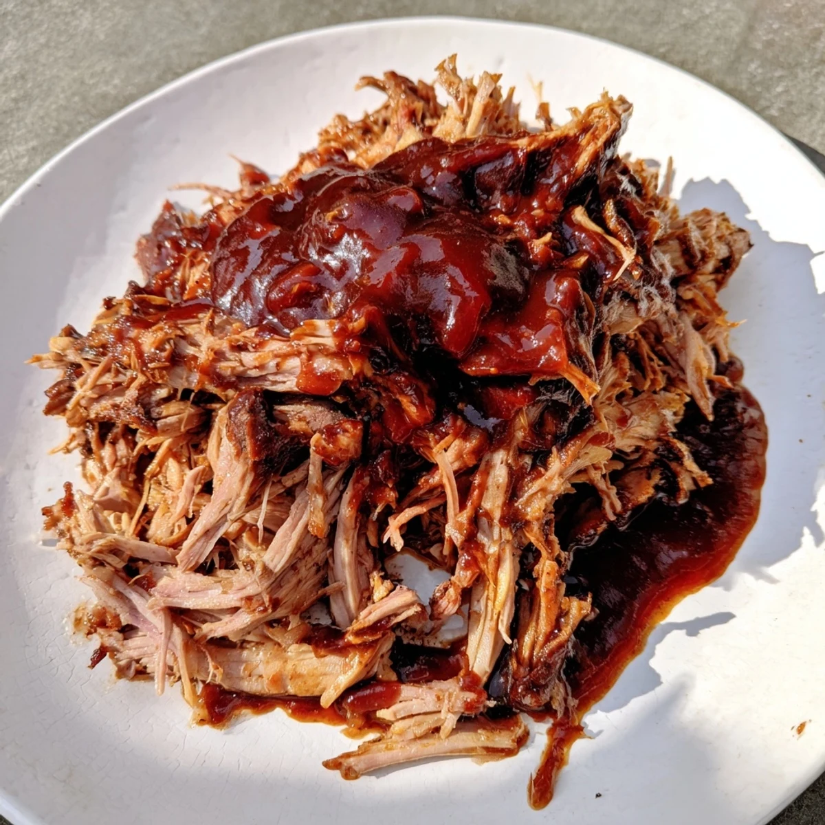 Smoky 5-Ingredient BBQ Pulled Pork, pulled apart and glistening with sauce, served with coleslaw.