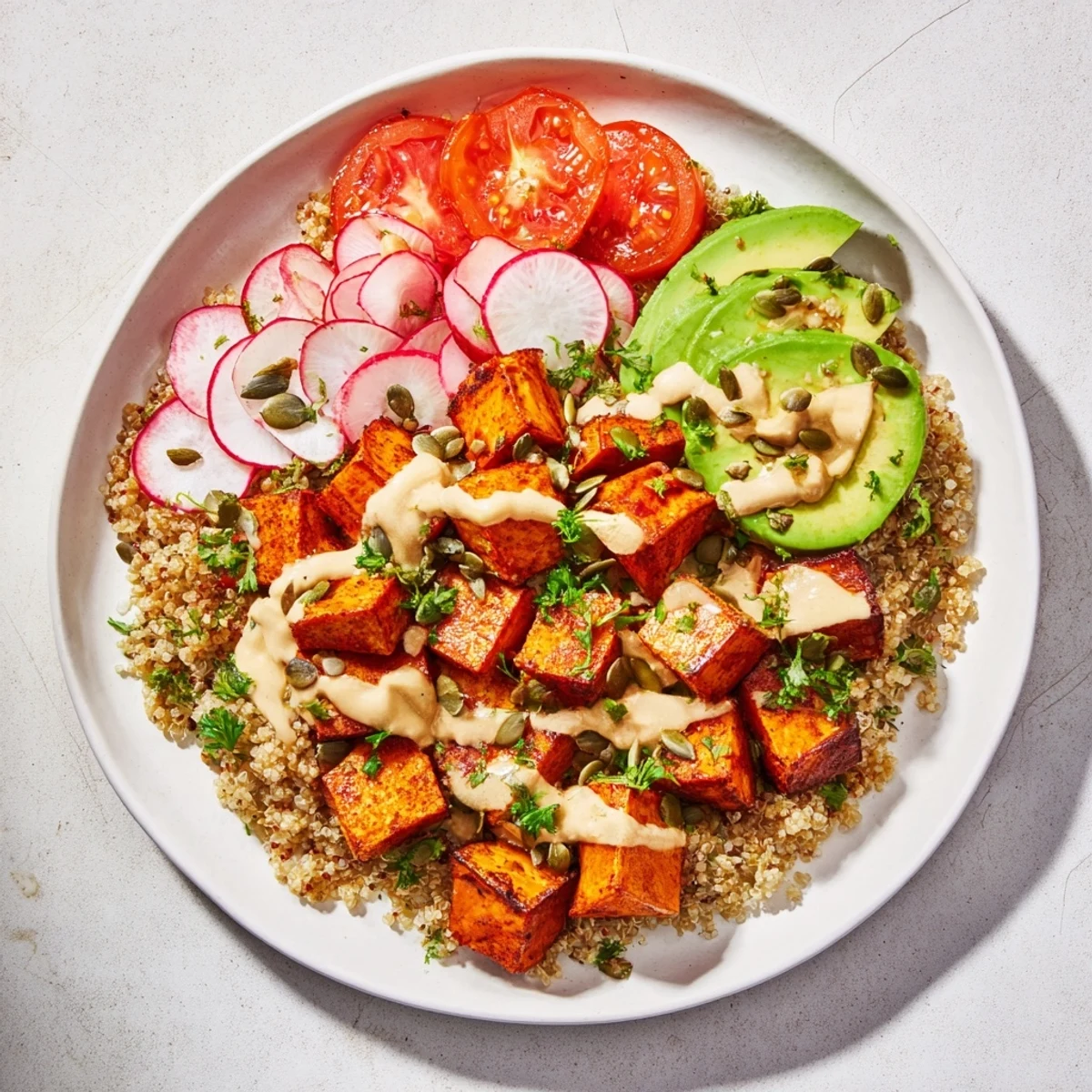 A vibrant Complete Veggie Bowl featuring roasted sweet potatoes, quinoa, and creamy tahini dressing.