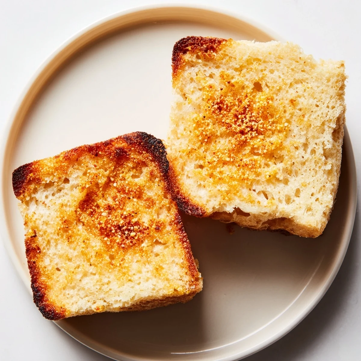 Warm and fluffy Sheet Pan English Muffins ready for buttering, split and toasted until golden.