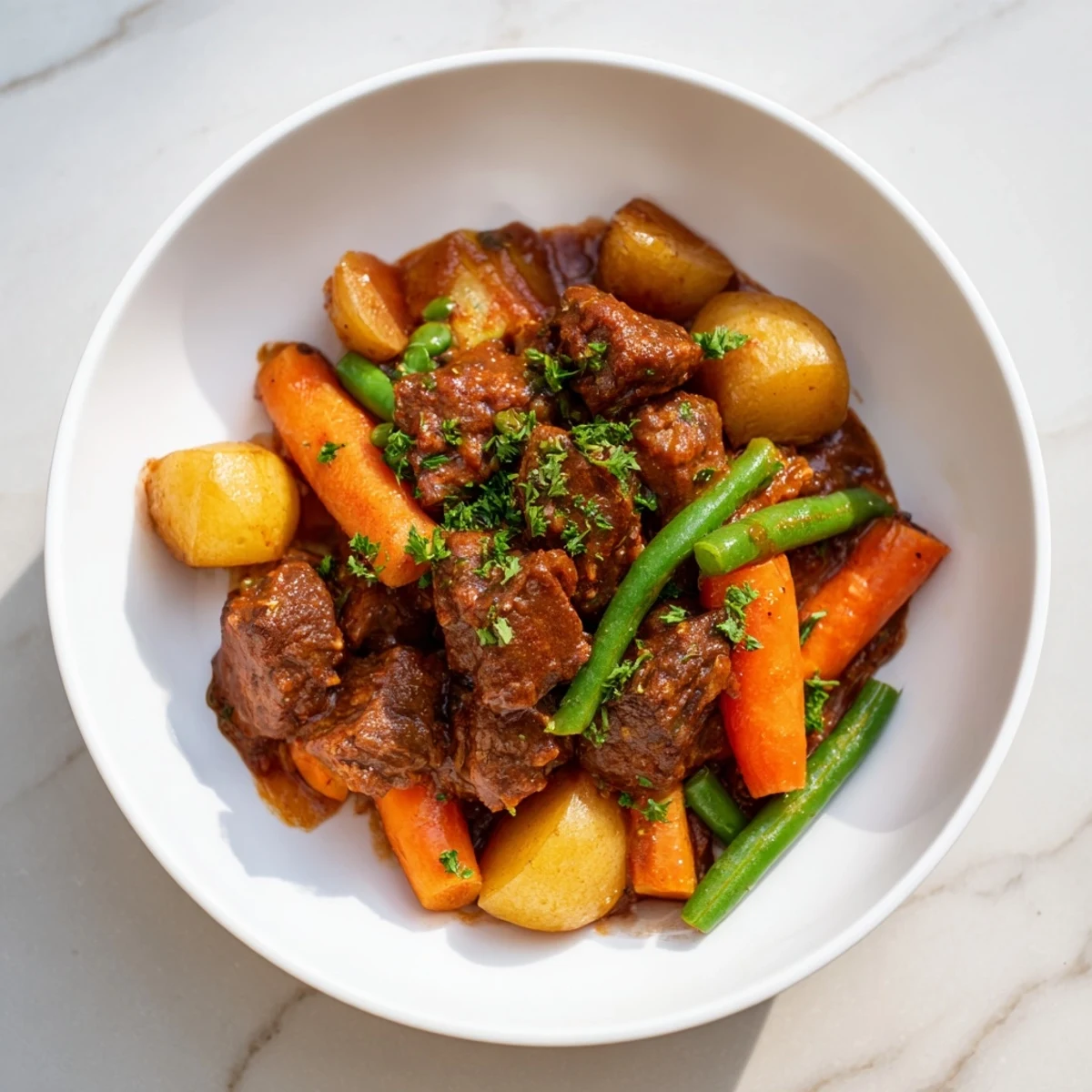 Tender beef and vegetables simmer in a rich broth, a delicious pressure cooker beef and vegetable stew.
