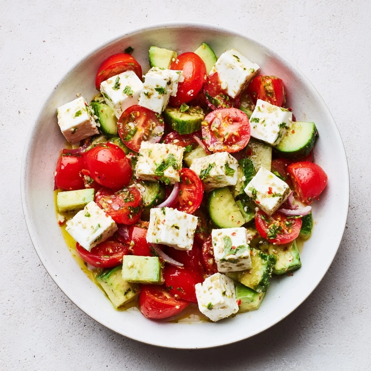 Crisp cucumber, juicy tomatoes, and creamy avocado in this Fresh Salad, topped with crumbled feta cheese.