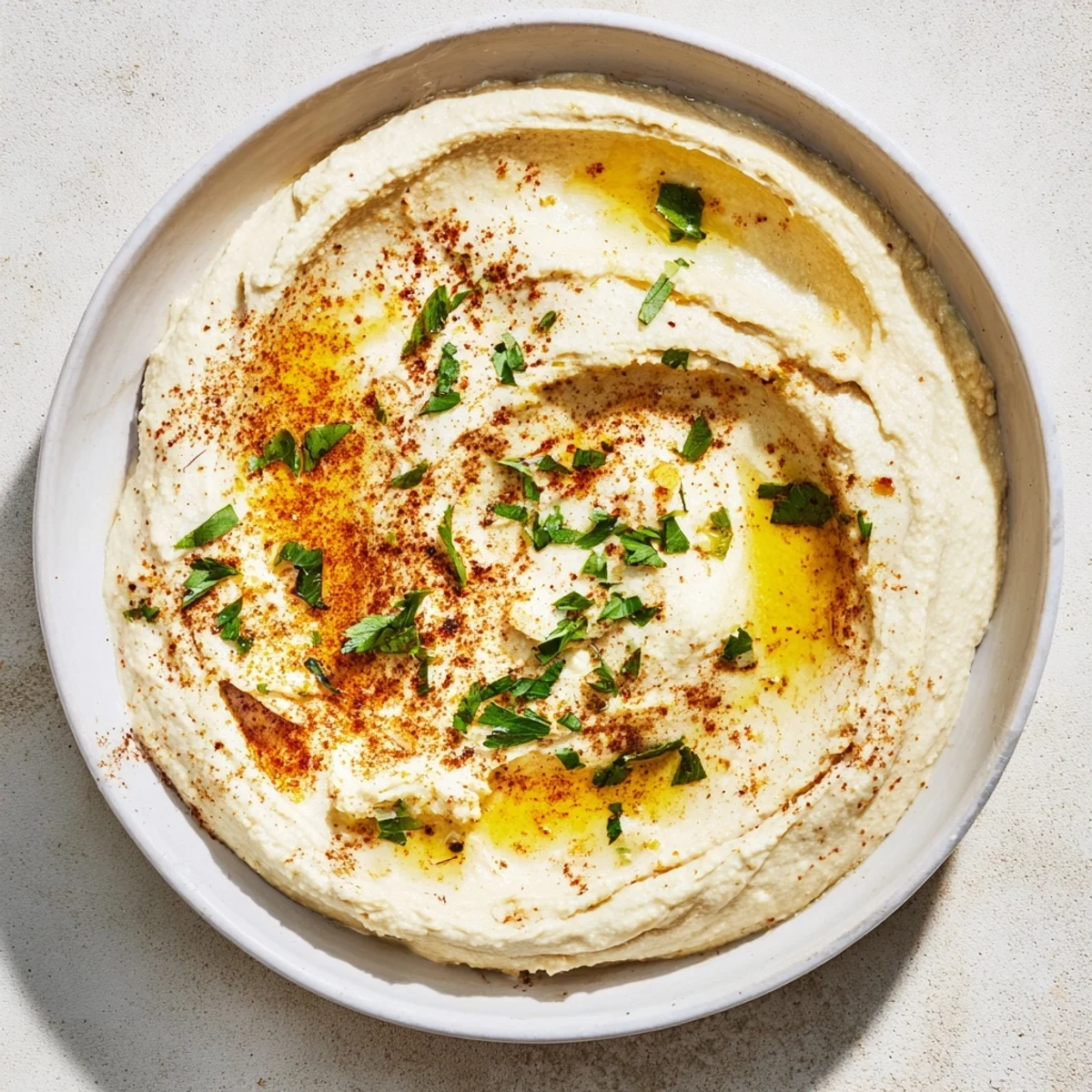 Creamy Perfect 5-Minute Homemade Hummus, garnished with paprika, olive oil and herbs, ready to serve.