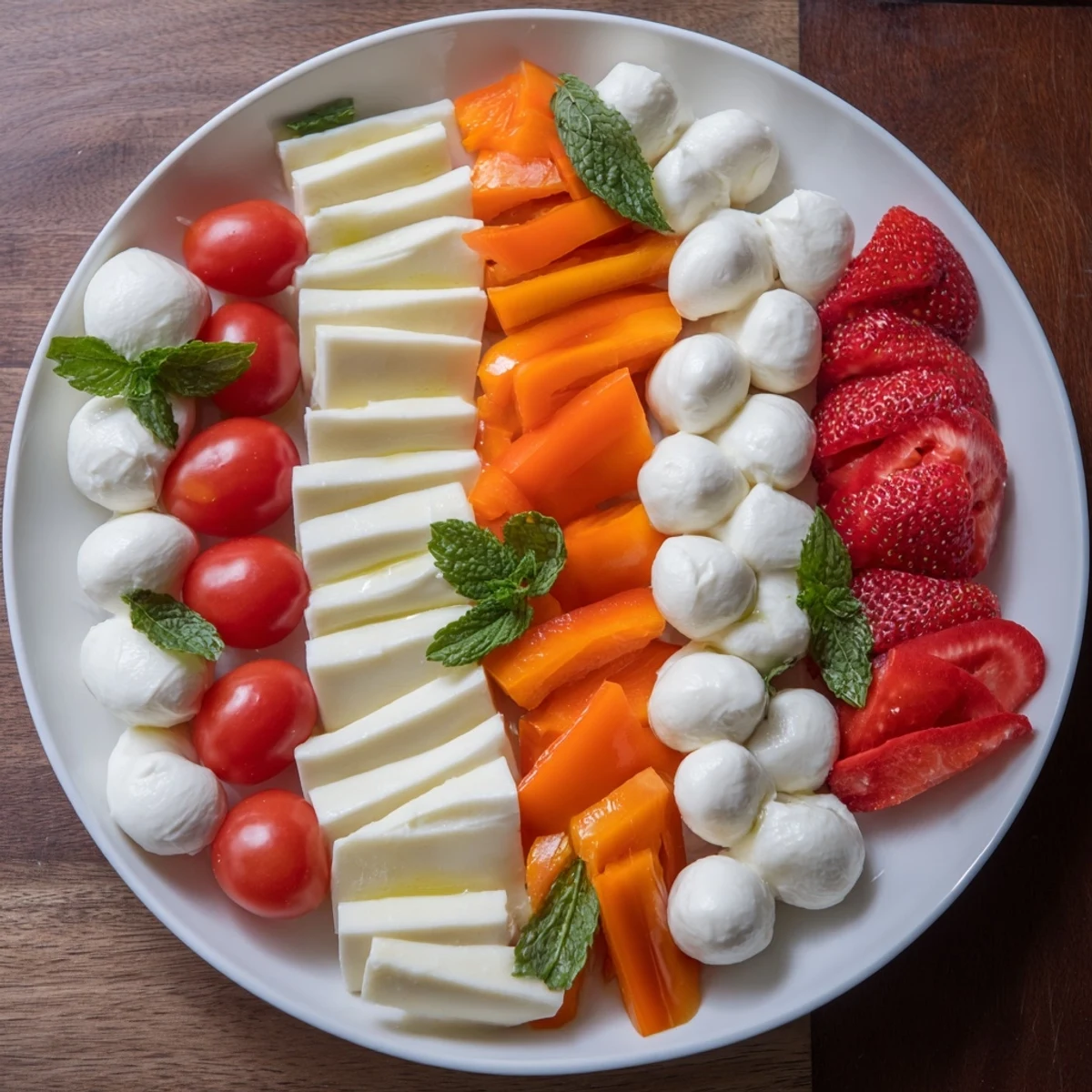 Peppermint Stripe Celebration platter: rows of red berries and white cheese, great for holiday appetizers.