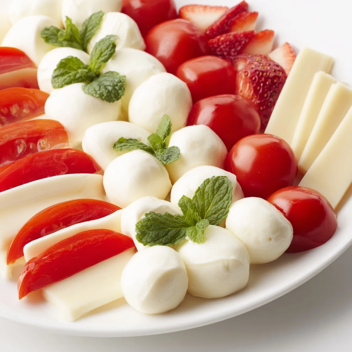 This festive Peppermint Stripe Celebration displays juicy red fruits and creamy cheeses, a beautiful party platter.