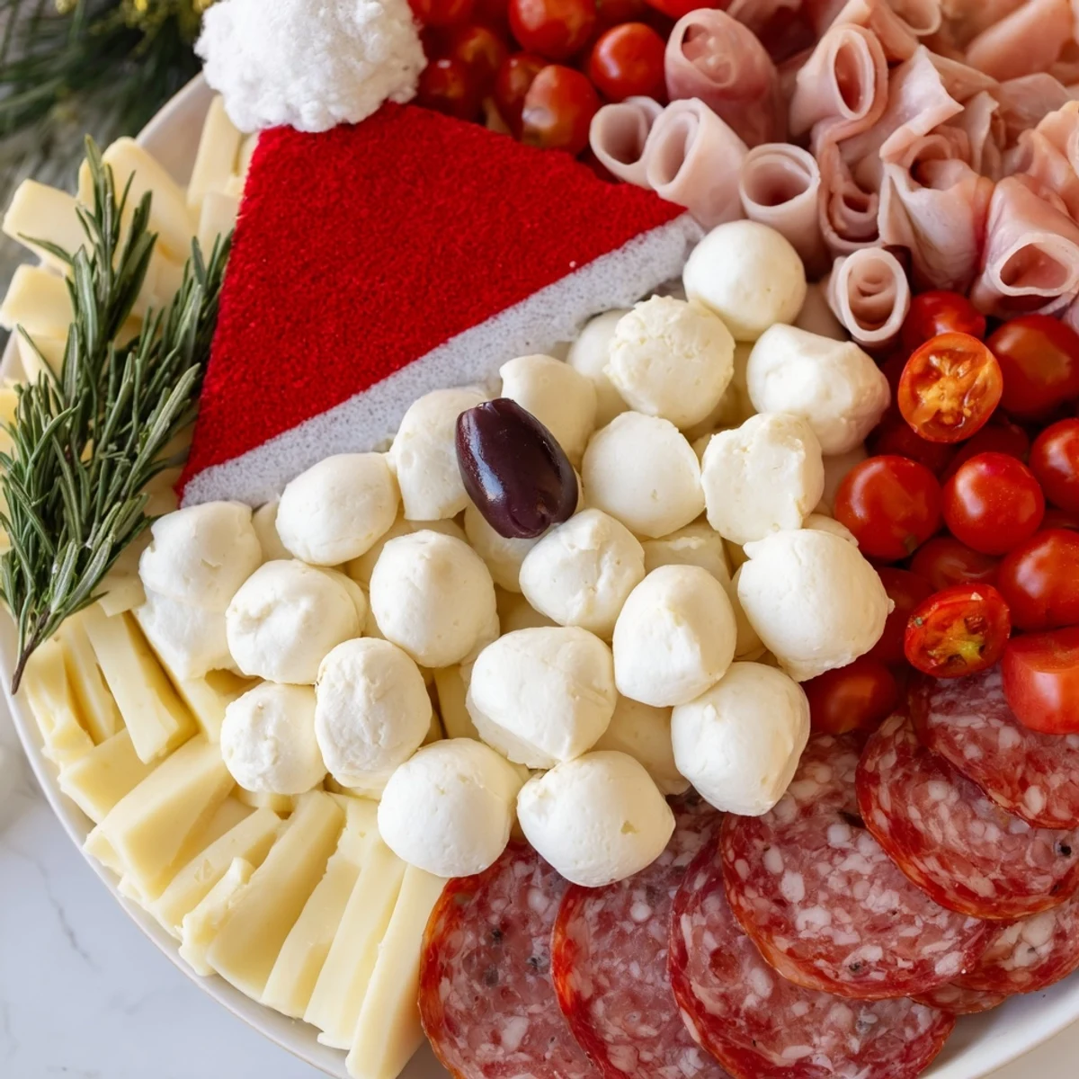 Festive Santa's Beard and Hat Board appetizer with a creamy white cheese beard, red salami hat, and rosemary garnish.