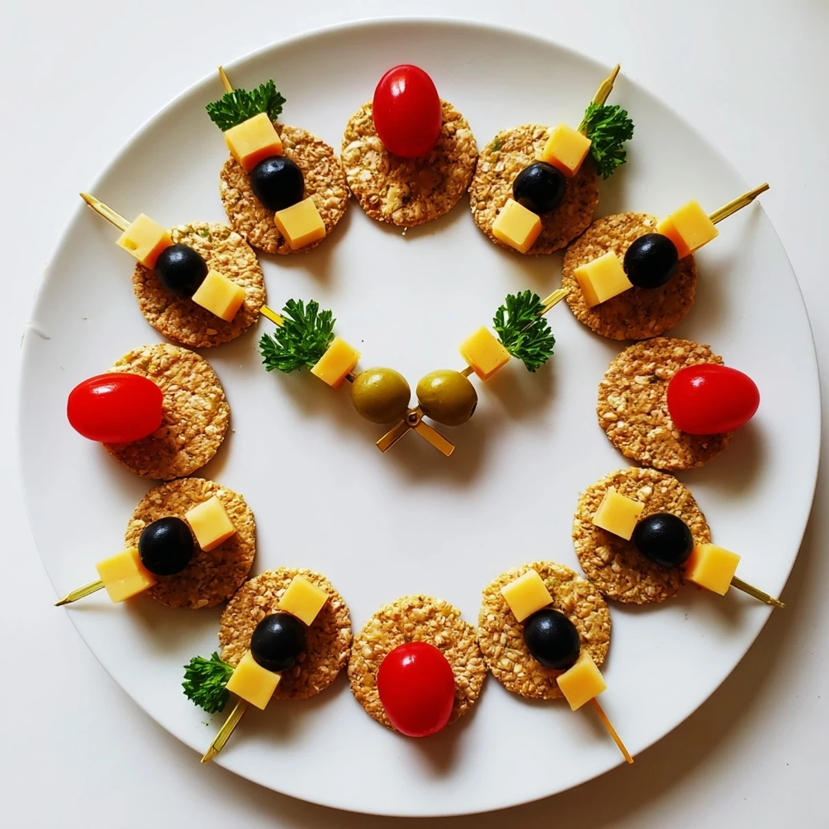 Vibrant arrangement of a New Year's Clock Countdown appetizer, featuring olives and crackers for celebration.