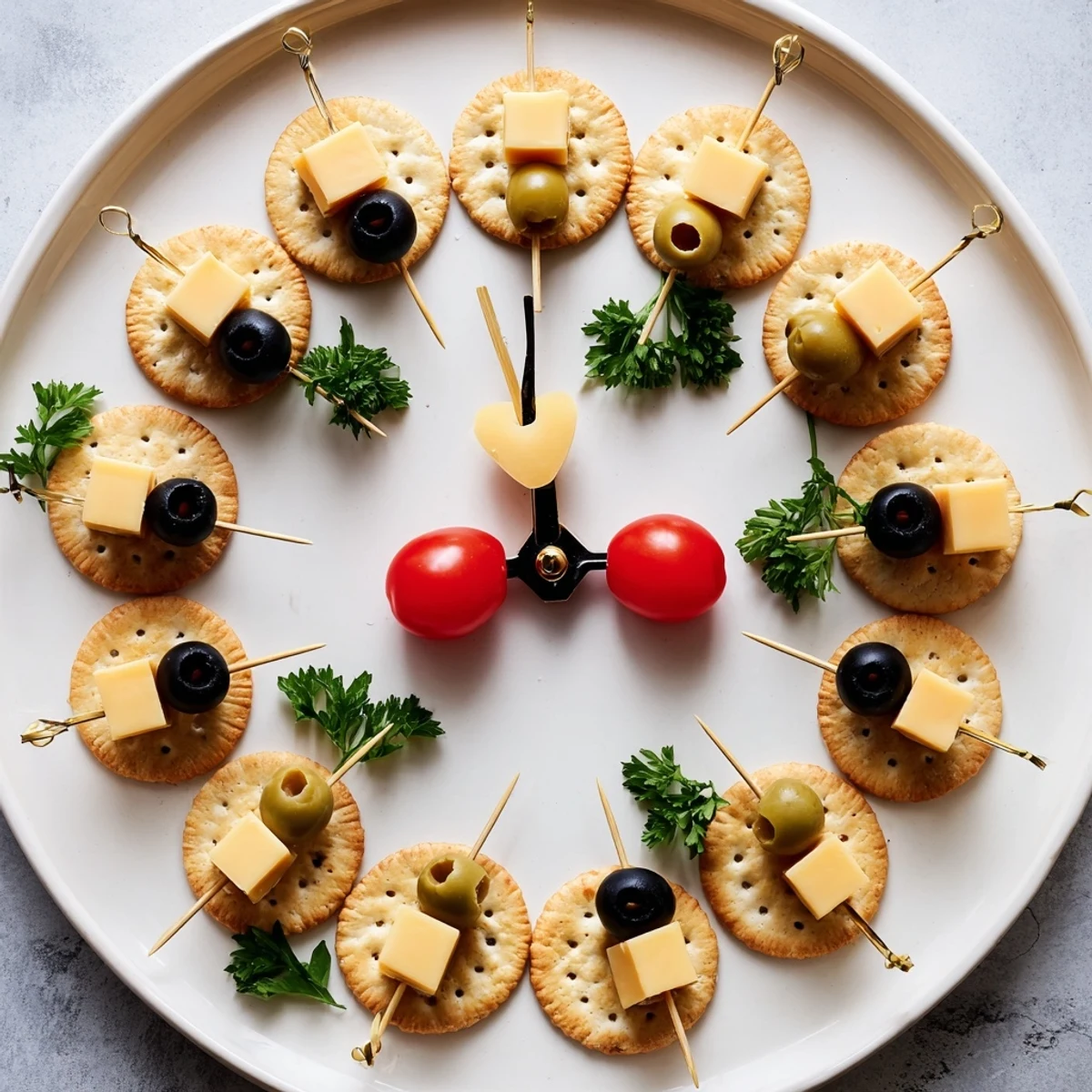 Delicious New Year's Clock Countdown clock displayed, showcasing round crackers and festive toppings.