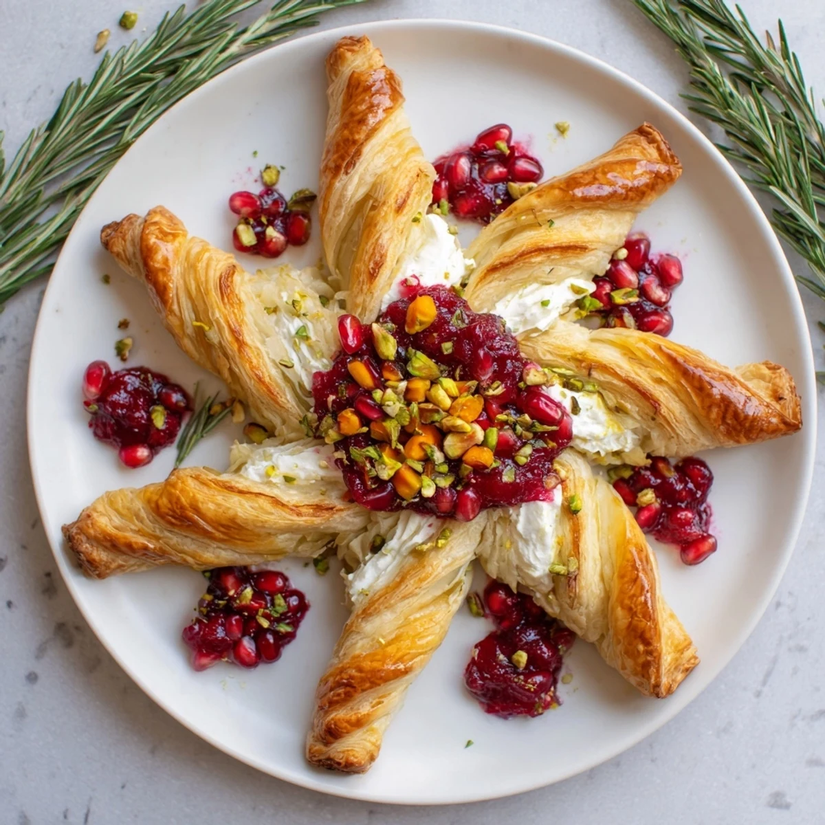 A close-up of a Cranberry Christmas Star, a flaky pastry layered with crimson cranberries.