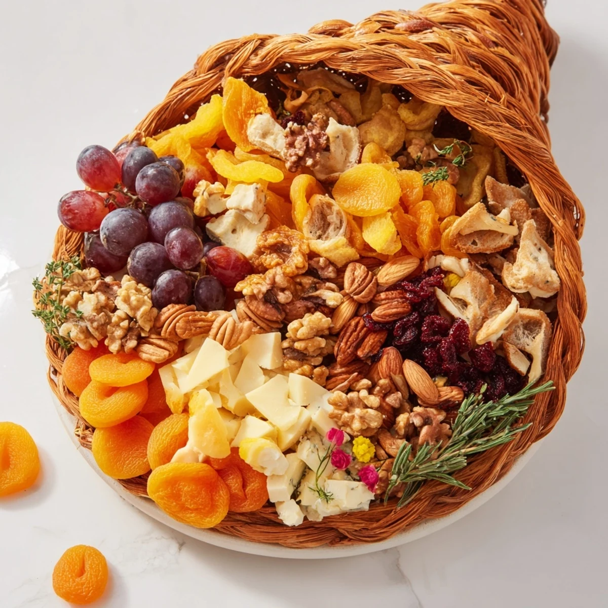 Autumn Harvest Horn of Plenty overflowing with colorful dried fruits, nuts, and cheeses, ready to serve.