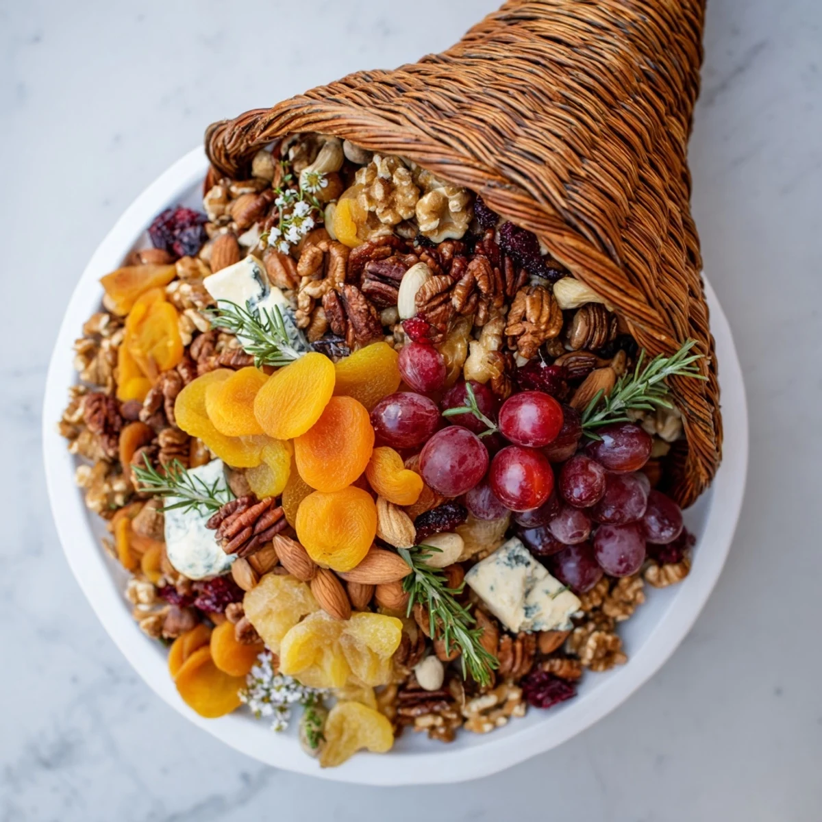 Delicious American Autumn Harvest Horn of Plenty centerpiece arranged with cheese, crackers, and fall garnishes.