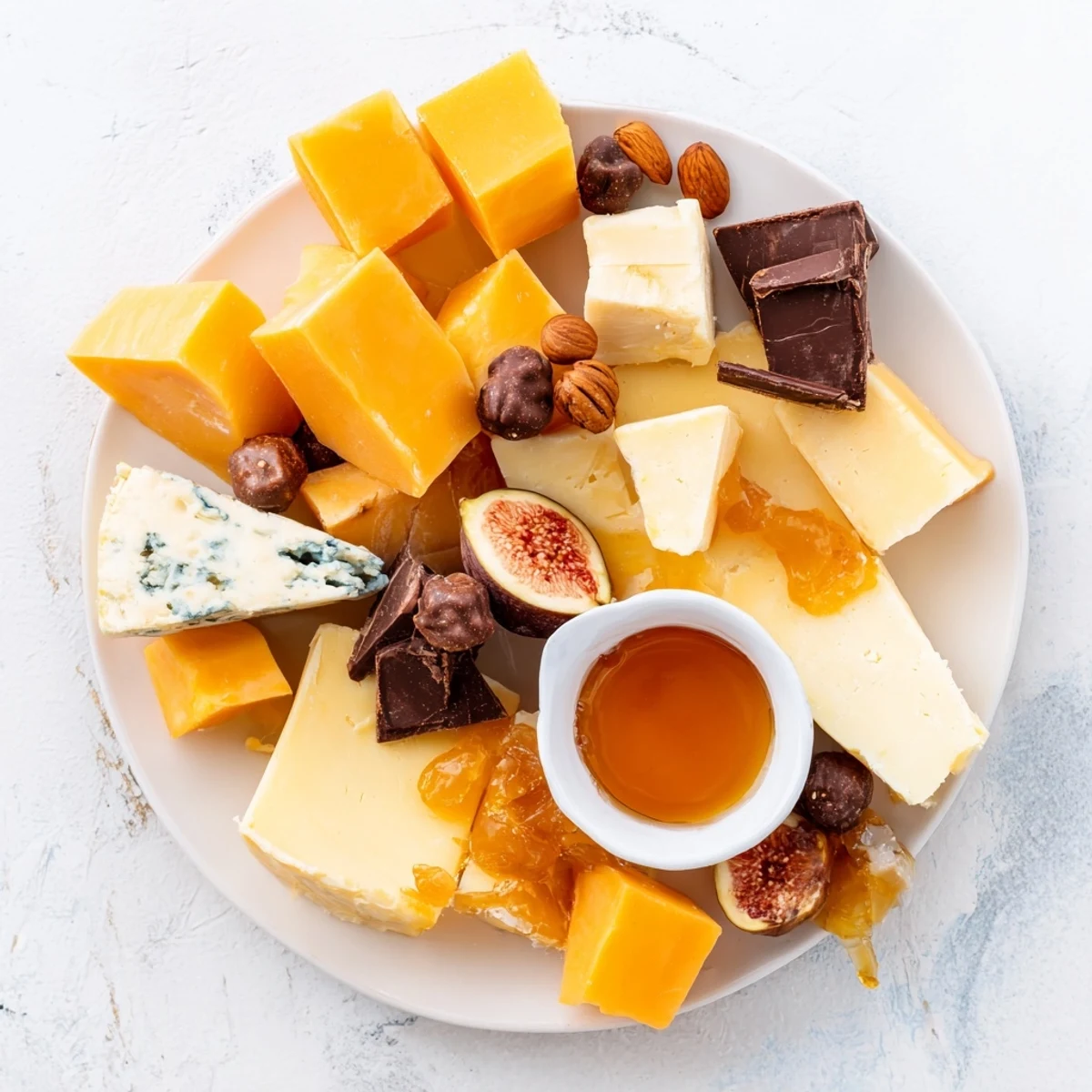 Fireside Comfort & Cocoa platter with dark chocolate and aged cheese, ready for a cozy evening.