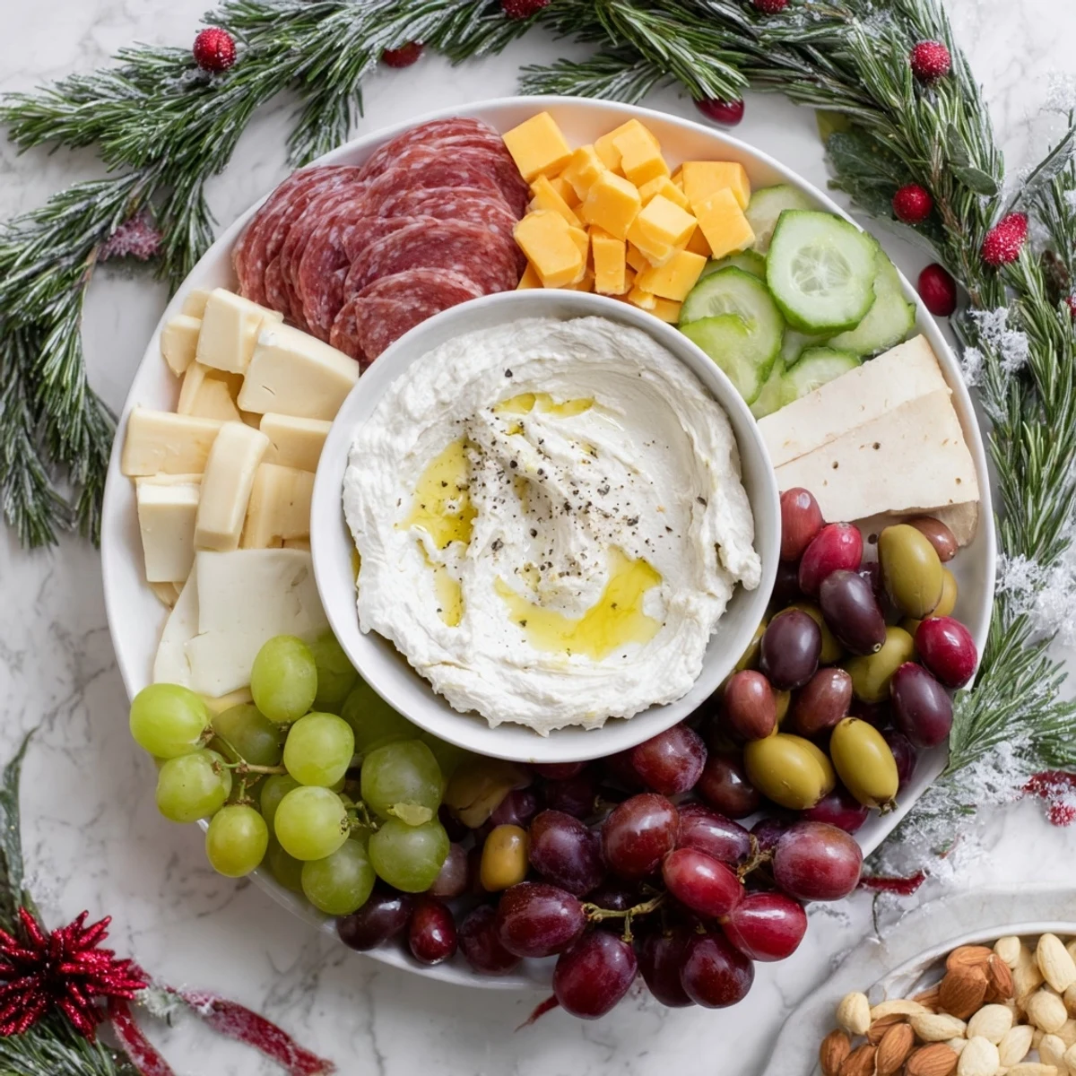 Festive Evergreen Wreath Board arranged with colorful cheeses, meats, grapes, and a creamy dip.
