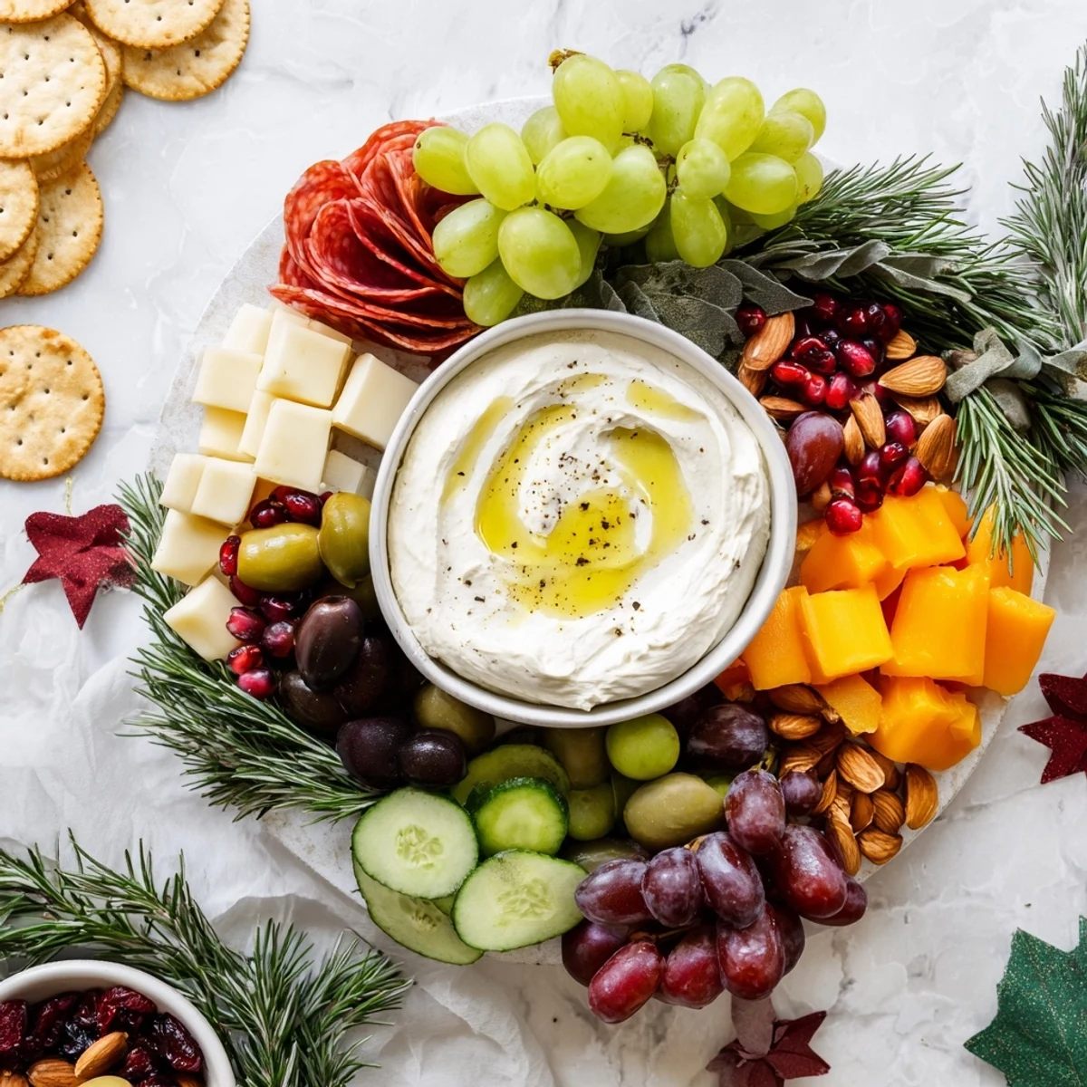 This beautiful Evergreen Wreath Board appetizer displays colorful ingredients like cheese and olives.