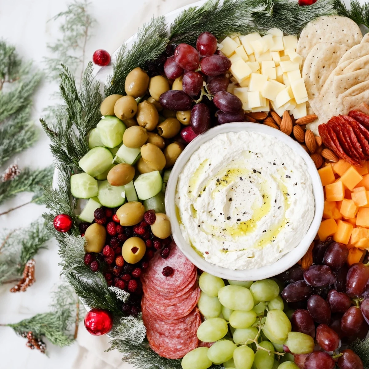 A delicious Evergreen Wreath Board: a holiday appetizer boasting cheeses, fruits, and fragrant rosemary.