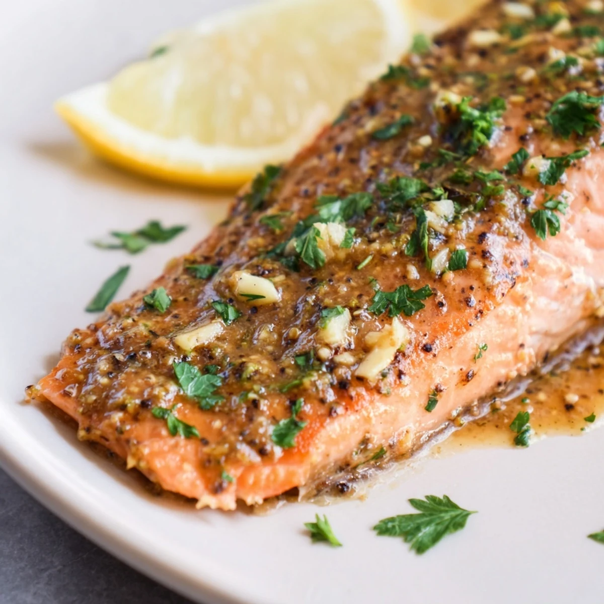 Honey Mustard Glazed Salmon, glistening and flaky, ready to eat alongside fresh lemon wedges.