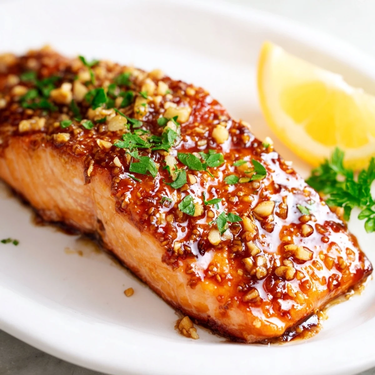 Broiled Honey Mustard Glazed Salmon, served with fresh parsley, looks perfectly cooked and flavorful.