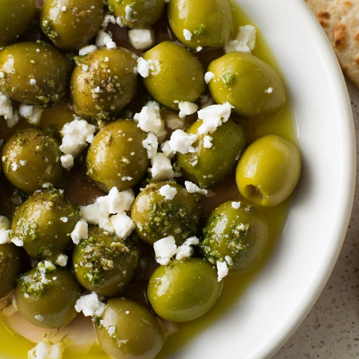 A visually appealing Cobblestone Courtyard appetizer with green and black olives nestled among crackers.