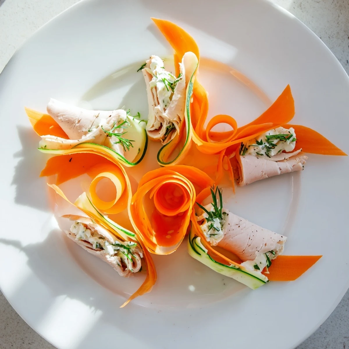 Vibrant "Ribbon Dancer" appetizer: spiral-wrapped turkey rolls with colorful carrot and cucumber ribbons, ready to serve.