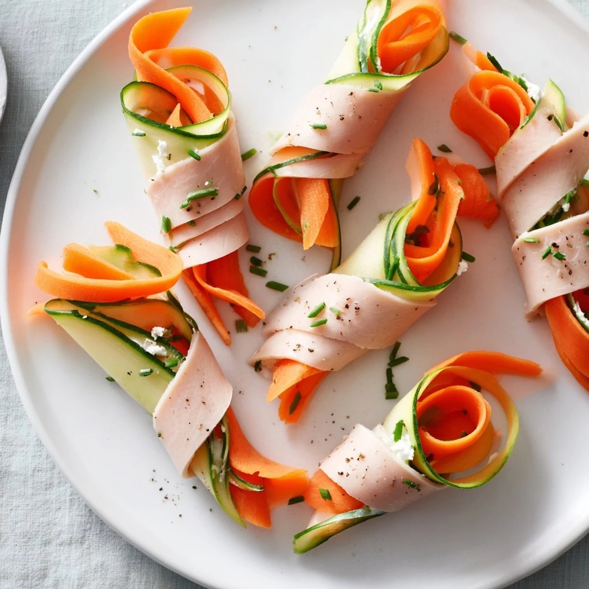 Freshly made "Ribbon Dancer" featuring rolled turkey, embellished with crisp cucumber and carrot spirals, delicious.