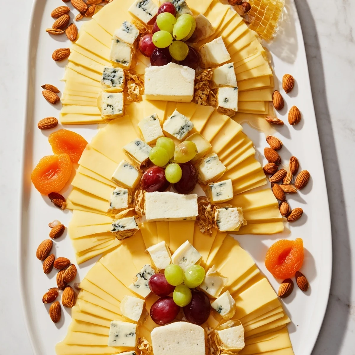 Art Deco Arch Cheese Platter with layered cheddar and grapes offers a delightful spread.