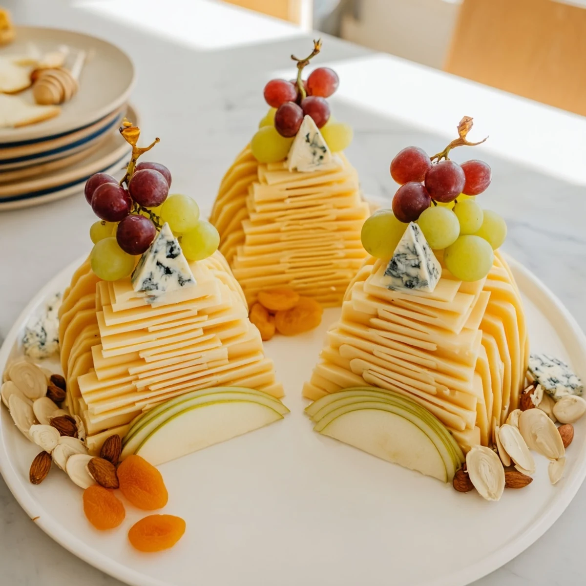 Visualize this vibrant Art Deco Arch Cheese Platter with creamy brie and a drizzle of honey.