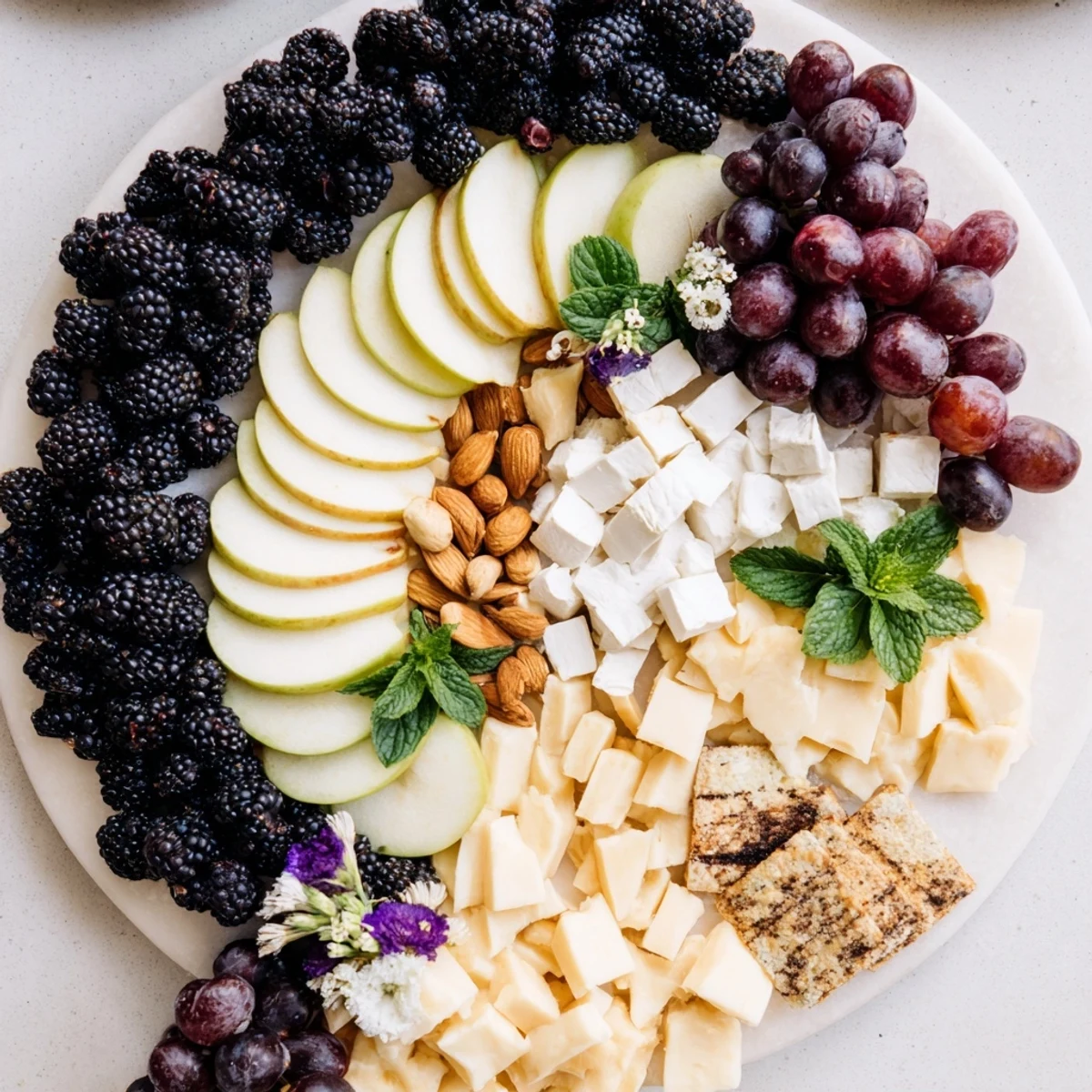 A visually balanced Yin-Yang appetizer board with blackberries dividing cheeses, fruits, and crackers.