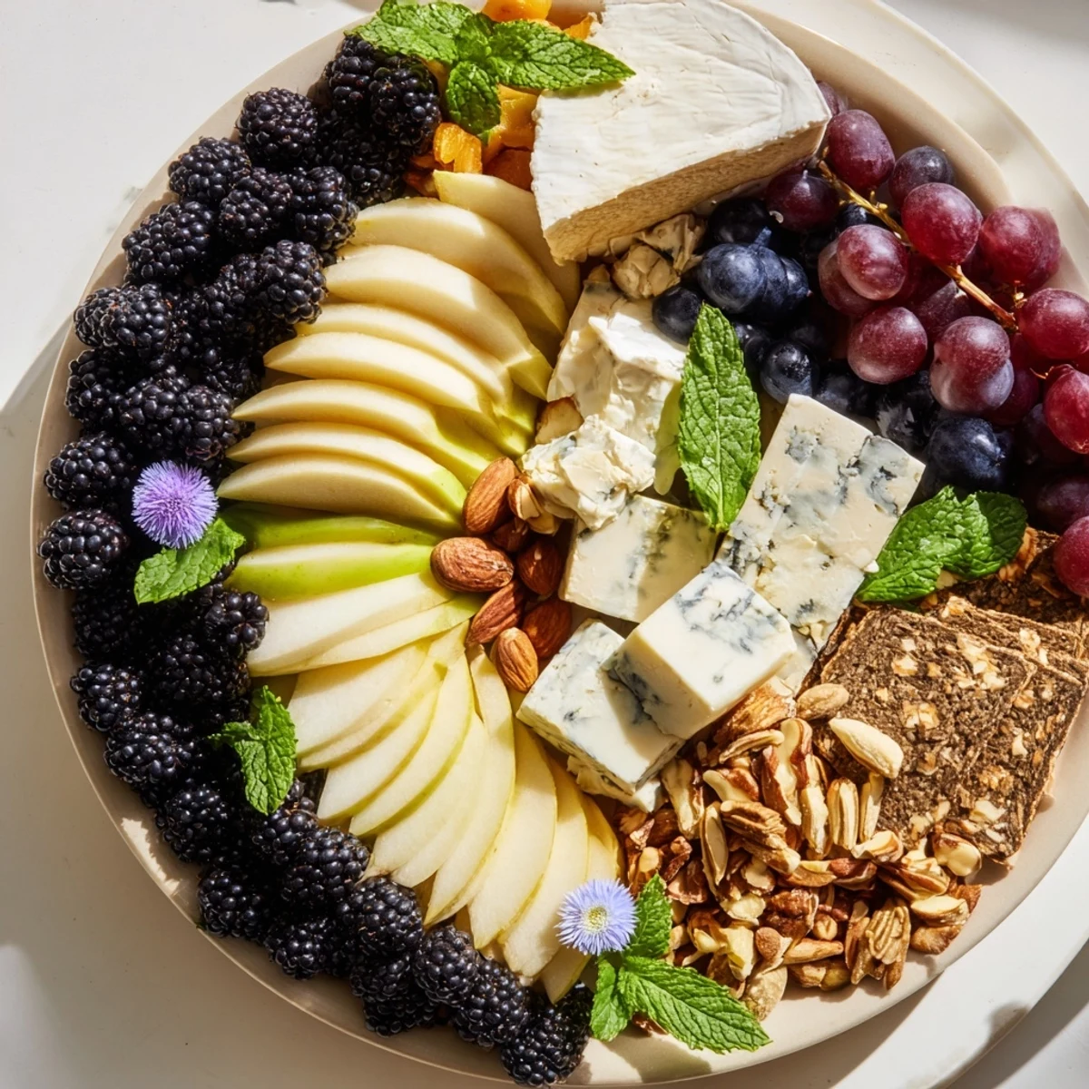 This Yin-Yang balance appetizer board features contrasting colors, including dark cheeses and red grapes.