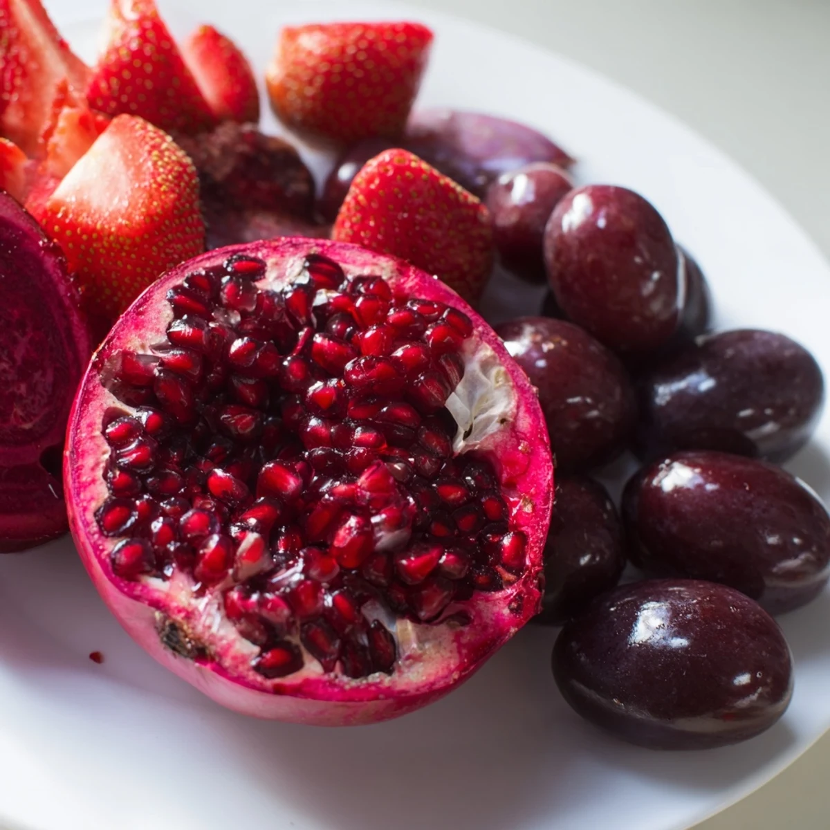 Vibrant The Pomegranate Pivot fruit platter with juicy red, pink, and white colorful fruit slices.