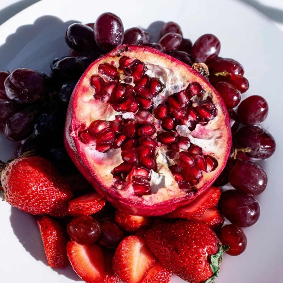 Beautifully arranged The Pomegranate Pivot features a halved pomegranate surrounded by fresh, colorful fruits.