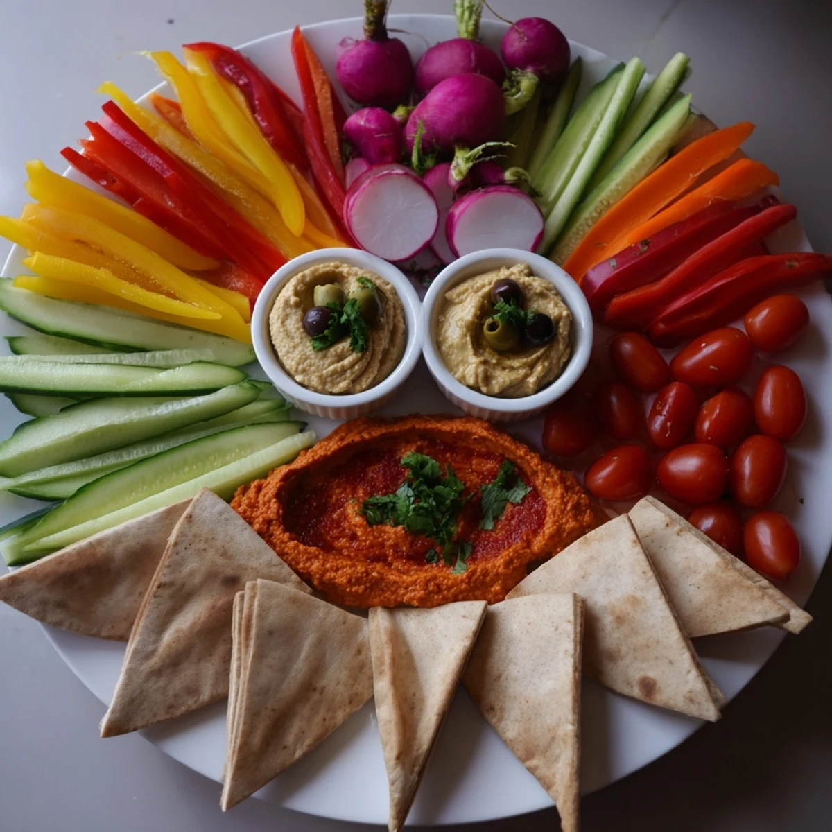 Brightly colored vegetables and spiced dips create an enticing visual of The Moroccan Tent appetizer platter.