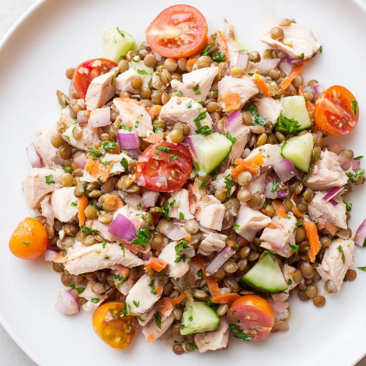 Chicken and Lentil Recession Salad bursts with vibrant colors and drizzled dressing, great for lunch.