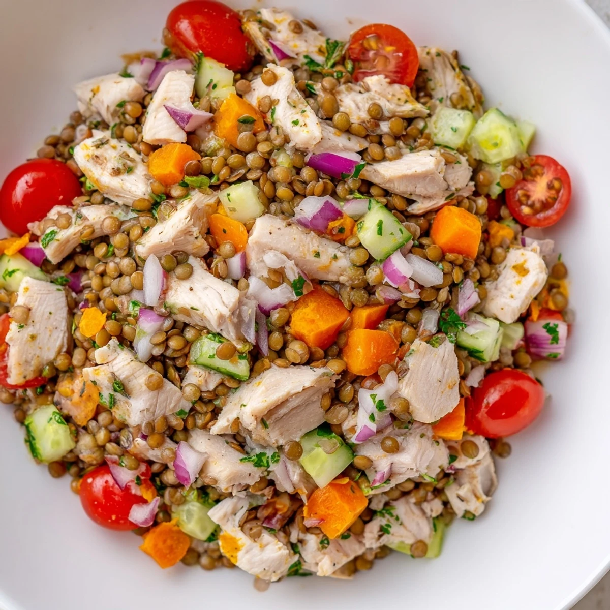This Chicken and Lentil Recession Salad showcases tender chicken with fresh vegetables, ready to eat.