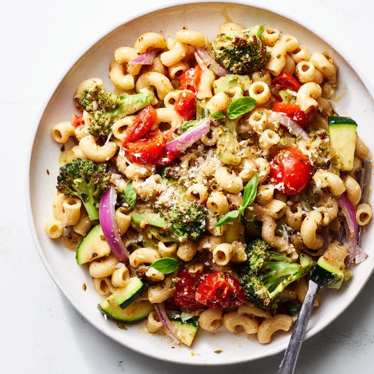 Vibrant image of ditalini with air-fried vegetables, tossed with fresh basil and Parmesan cheese.