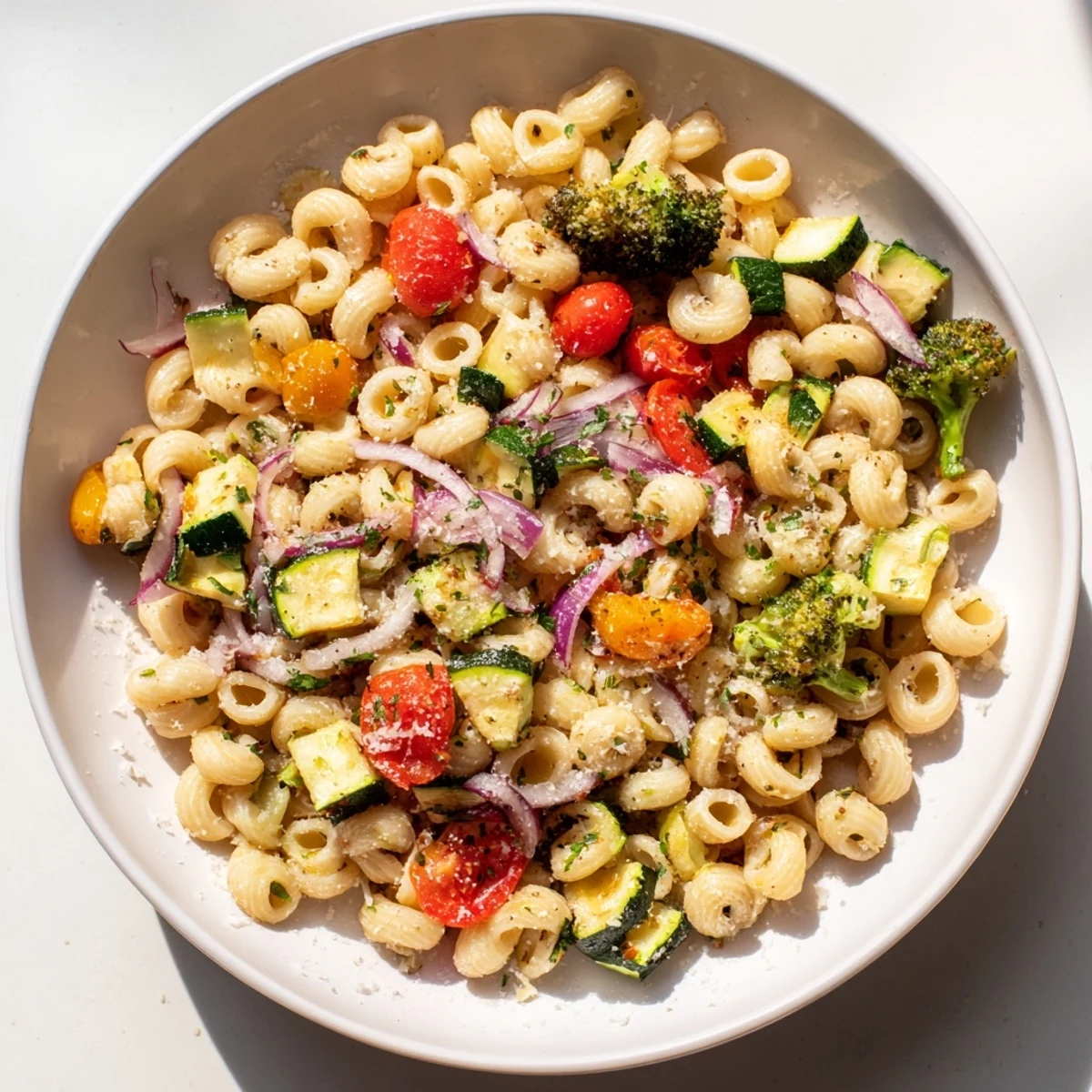 Steaming ditalini pasta with golden-brown air-fried vegetables, ready for a flavorful bite.