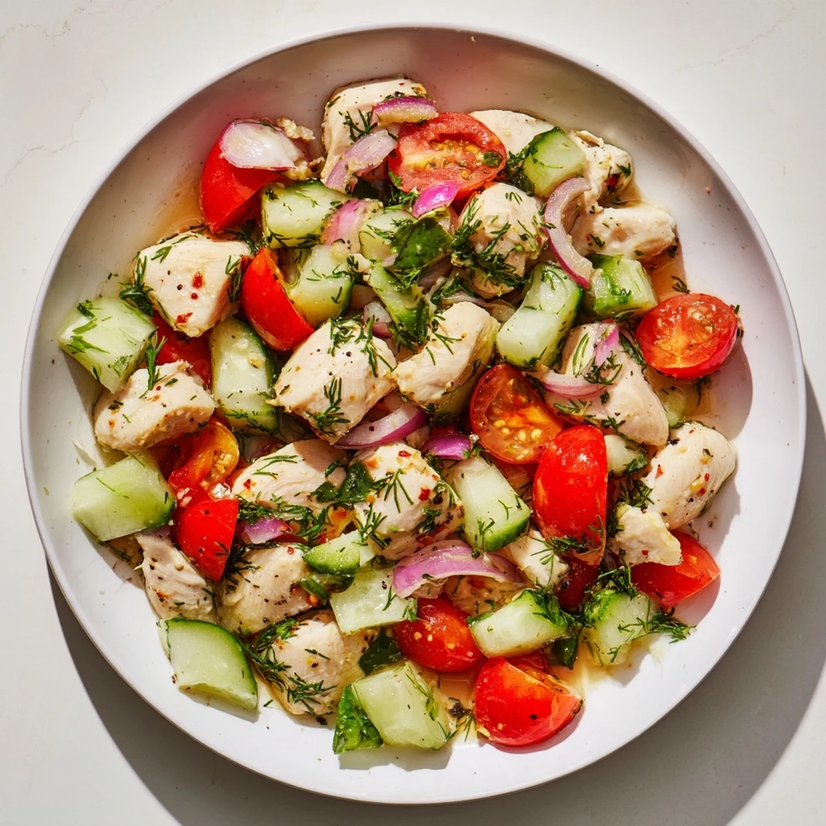 Diced chicken with cucumber, herbs, and bright dressing make a delicious Cucumber and Chicken Clean Shaker.